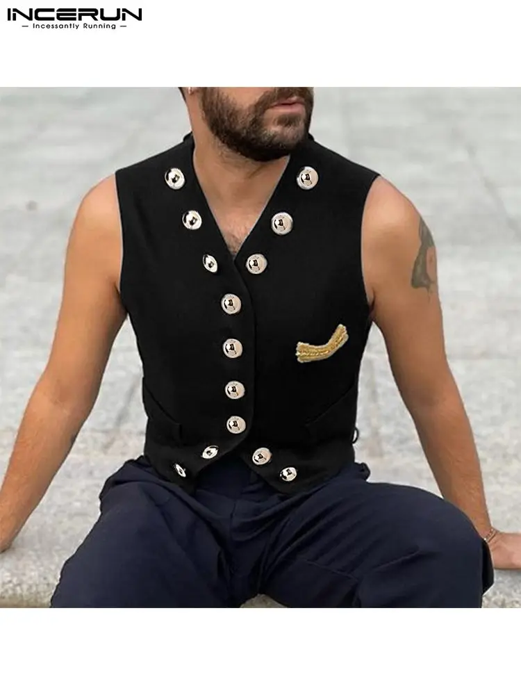 

Fashion Men Vests Button 2022 Solid Color V Neck Sleeveless Streetwear Waistcoats Personality Casual Men Vests S-5XL INCERUN 7