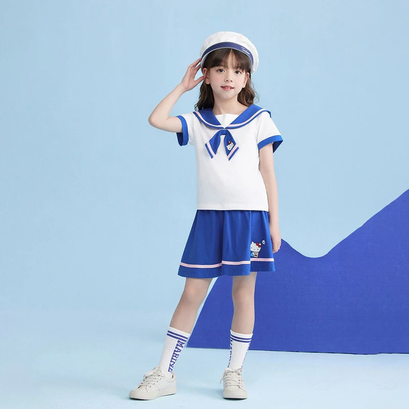 Kawaii Anime Sanrio Hello Kitty Summer New Girls T-Shirt Short Skirt Set Cartoon Cute Cotton Short Sleeve Sweet Pleated Skirt