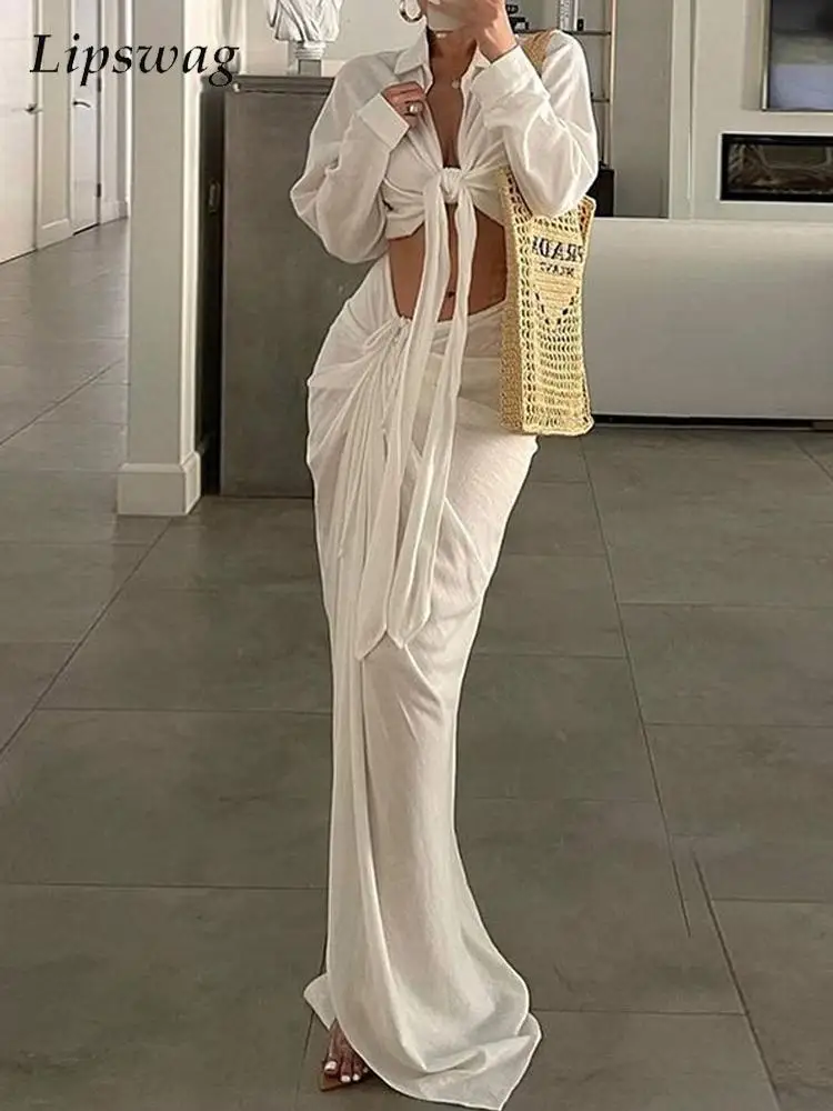 

Комплект из двух предметов Женский, рубашка с запахом на груди и длинная юбка с длинным рукавом, пикантный элегантный костюм на шнуровке, бе...