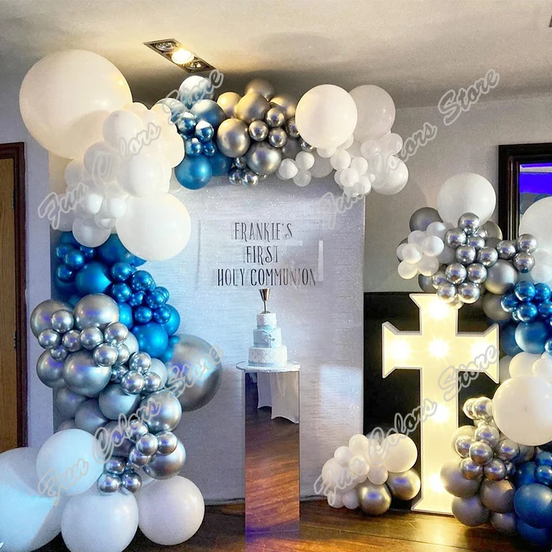 

Chrome Blue Balloons Birthday Party Background Baby Shower Silver Wedding Celebration Dinner Table Decoration Garland Arch Kit