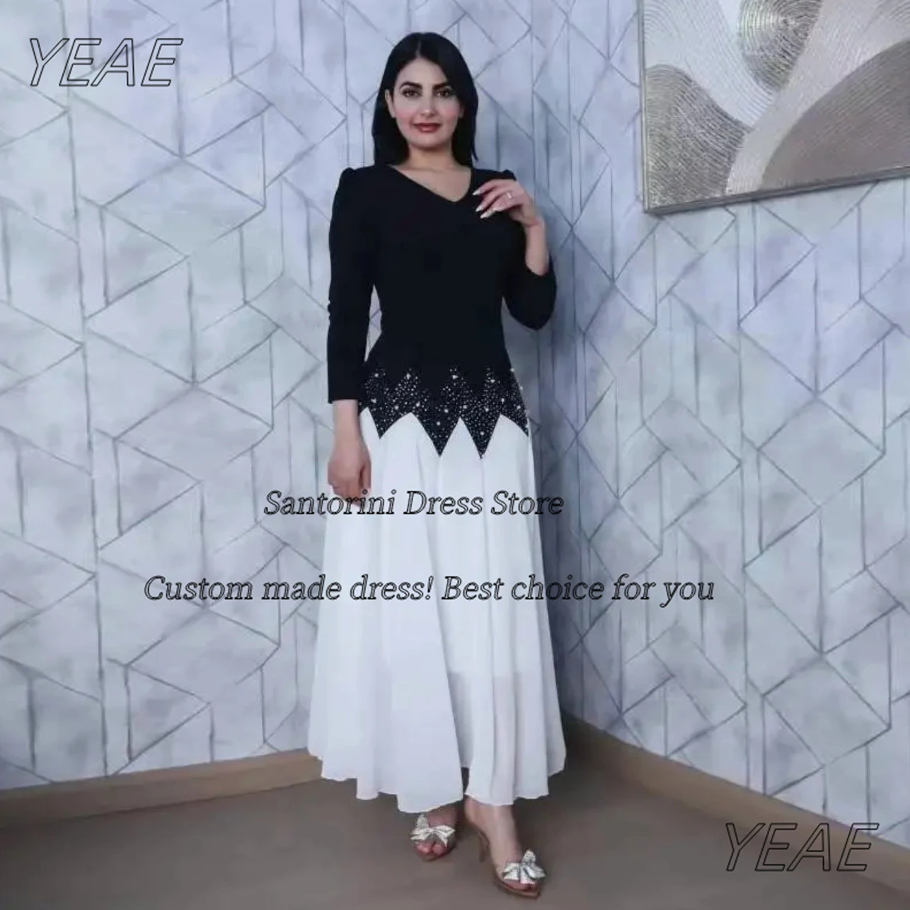 Санторини Черно-белые платья для выпускного вечера с V-образным вырезом и