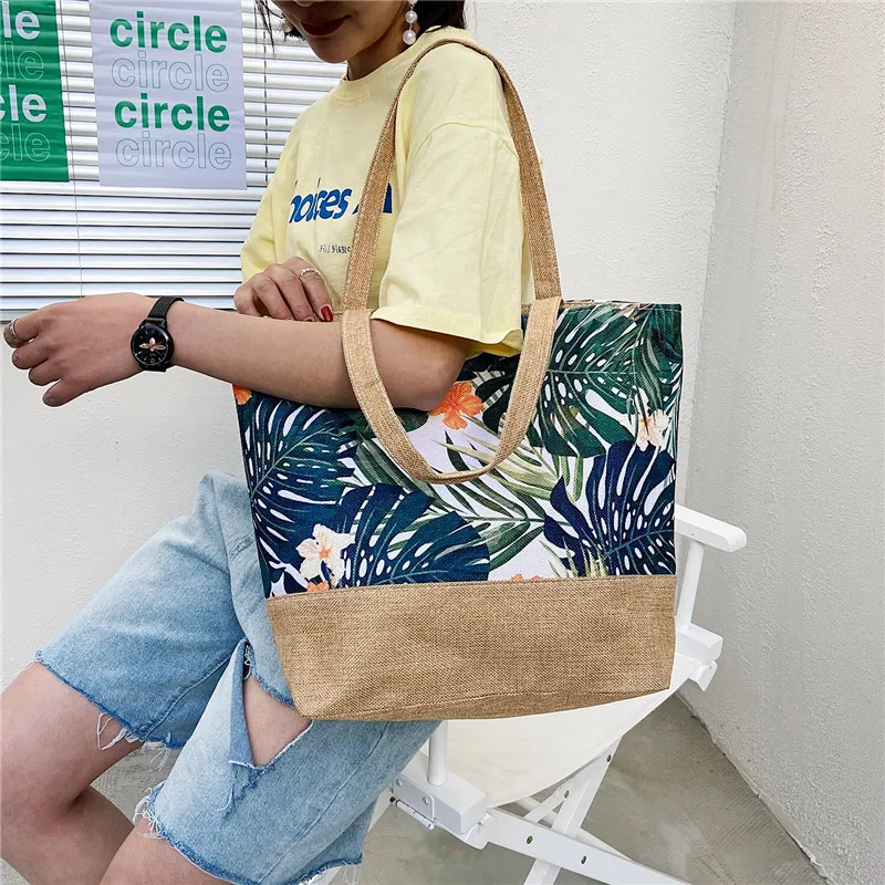 

Women's Messenger Bag Leaves Printed Canvas Handbags Large Capacity Totes 2022 Fashion Ladies Portable Zipper Beach Shoulder Bag