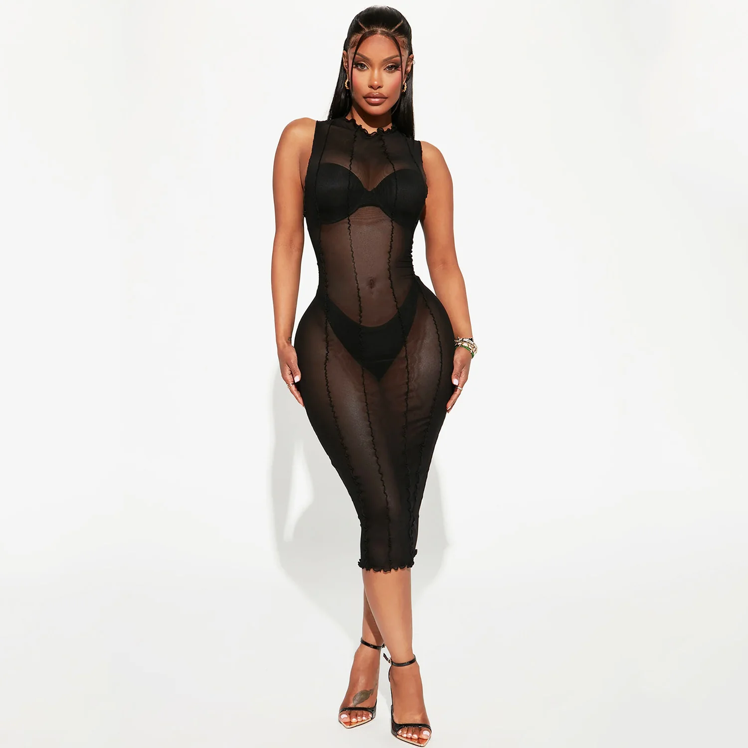 

SUJYing New Fashion 2023 Spring And Summer New Summer Women's Dress Sexy Mesh Perspective Stitching Sleeveless Dress Women