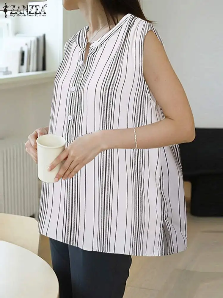 

Sexy Sleeveless Women Tank Tops Fashion Striped Print Blouse ZANZEA 2023 Summer Buttons Shirt Holiday Round Neck Casual Tunics