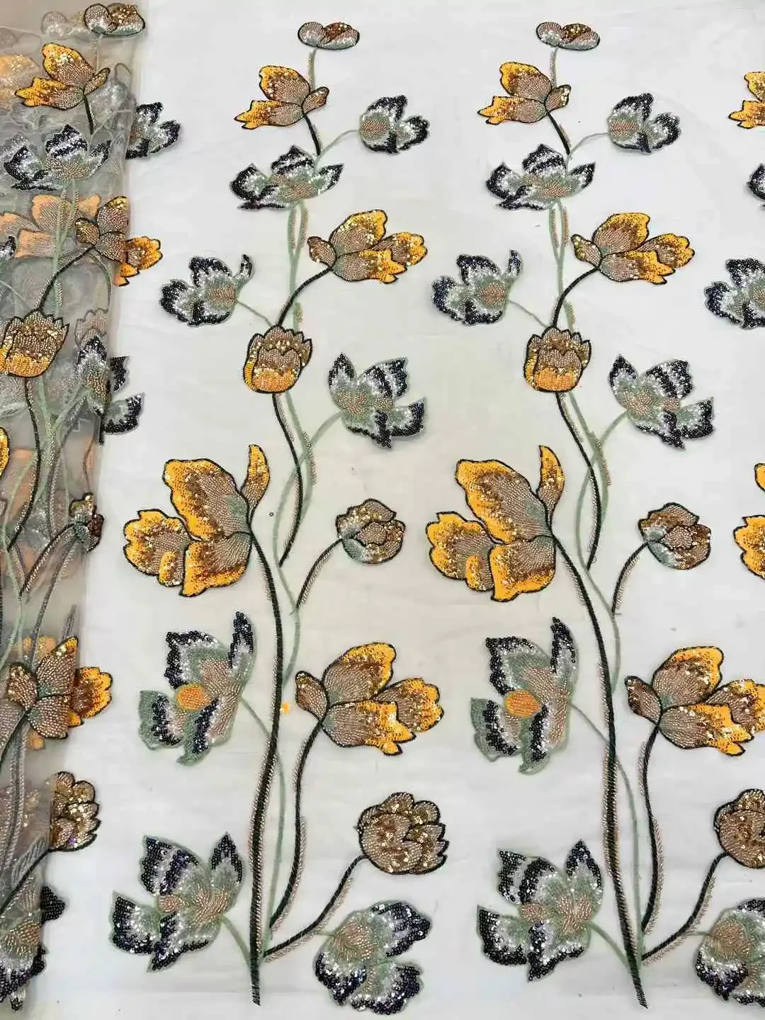 Французский тюль сетчатая кружевная ткань вышивка блестки и бисер большие цветы