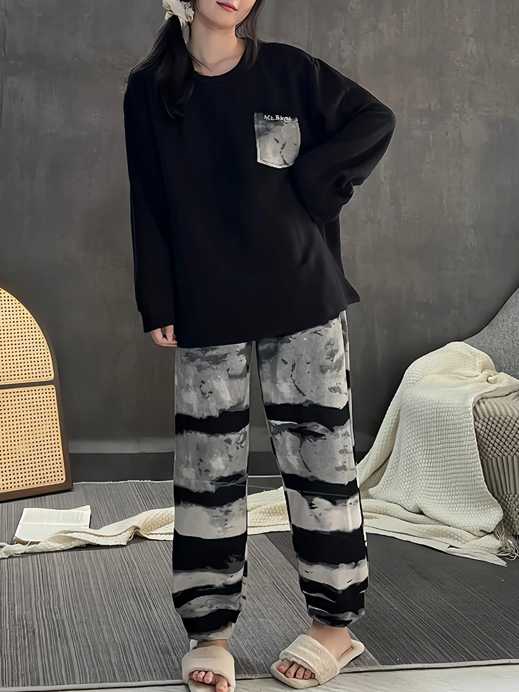 Пижамы женские осенне-зимние трехслойные из чистого хлопка с длинными рукавами