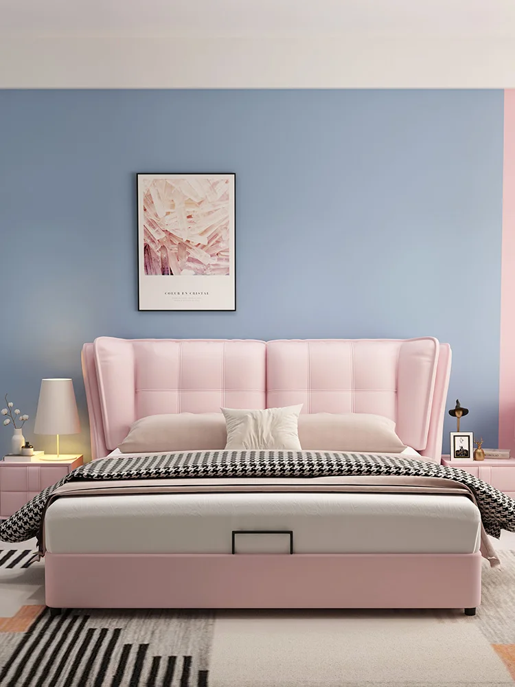 Leather online celebrity bed pink ins modern luxury leather bed master bedroom simple girl princess bed girl bedroom bed