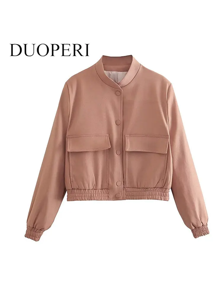 

Куртка-бомбер DUOPERI женская с карманами, модный Розовый однобортный пиджак с О-образным вырезом и длинным рукавом, шикарный наряд в винтажном стиле
