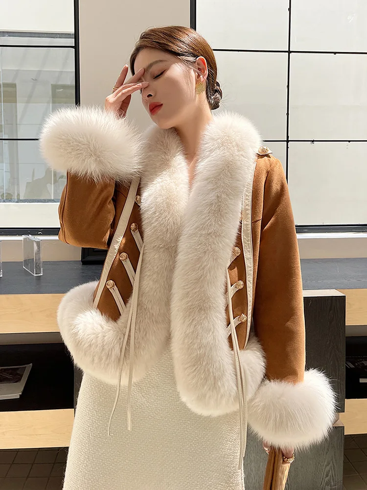 New Women Real Fur Coat Autumn Winter Vintage French Court Style Thick Warm Fox Fur Collar Suede Fur Jacket Loose Outerwear