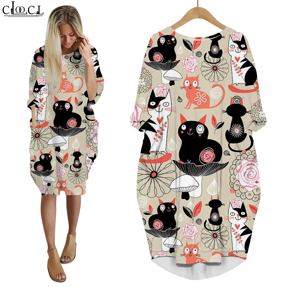 

CLOOCL Dress Long Sleeves Lightweight Soft Cozy Mid Dress Loose Casual Flower Art Cats Print Dress Femme Robe with Pocket