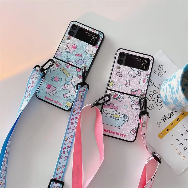 

Sanrio cute Hello kitty leather With Lanyard Phone Case For Samsung Galaxy Z Flip 3 4 5G ZFlip3 ZFlip4 Flip3 Flip4 Cover