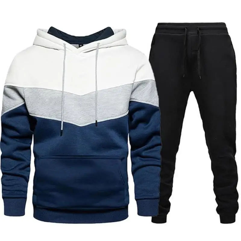 

Spring Autumn Men's Hooded Patchwork Sweater 2 Pcs Set Fleece Warm Hooded Sweatshirt + Pants Pullover Hoodies Sportswear