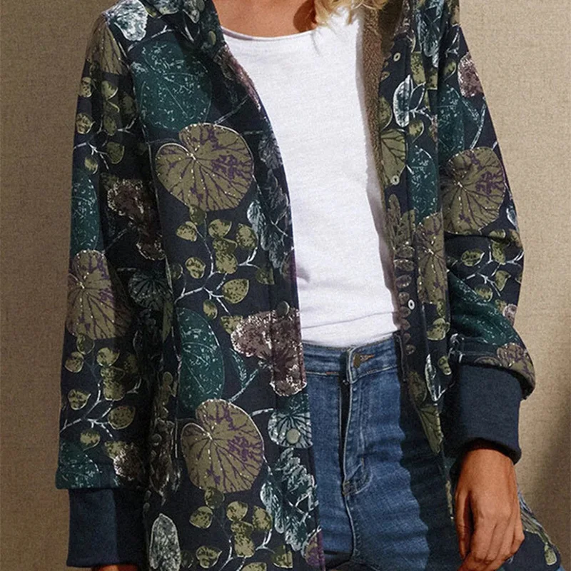 Spring and Autumn 2023 New Hooded Coat Women Zipper Plush Vintage Print Long Sleeve Medium Long Outfits Ey*