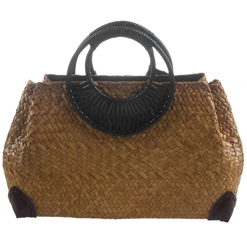 

ASDS-Women Straw Bags Female Bamboo Summer Beach Weave Handbag Lady Handmade Vintage Wood Handle Bag Travel Knitted Totes Bags