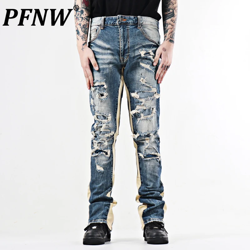 

PFNW Spring Autumn New Men's Streetwear Worn Out Contrast Denim Flare Panrs Stacked Vintage Washable Micro Elastic Jeans 12A7955
