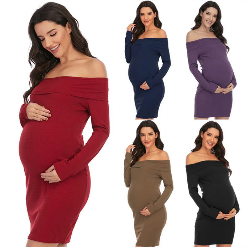 2022 fashion maternity dress plus size dress solid color shoulder long sleeve maternity dress maxi dress  pregnancy clothes