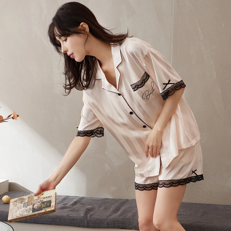 New Women's Pajamas Summer Ice Silk Pajamas Women's High-Grade Simple Striped Letters Popular Models Can Be Outerwear Homewear