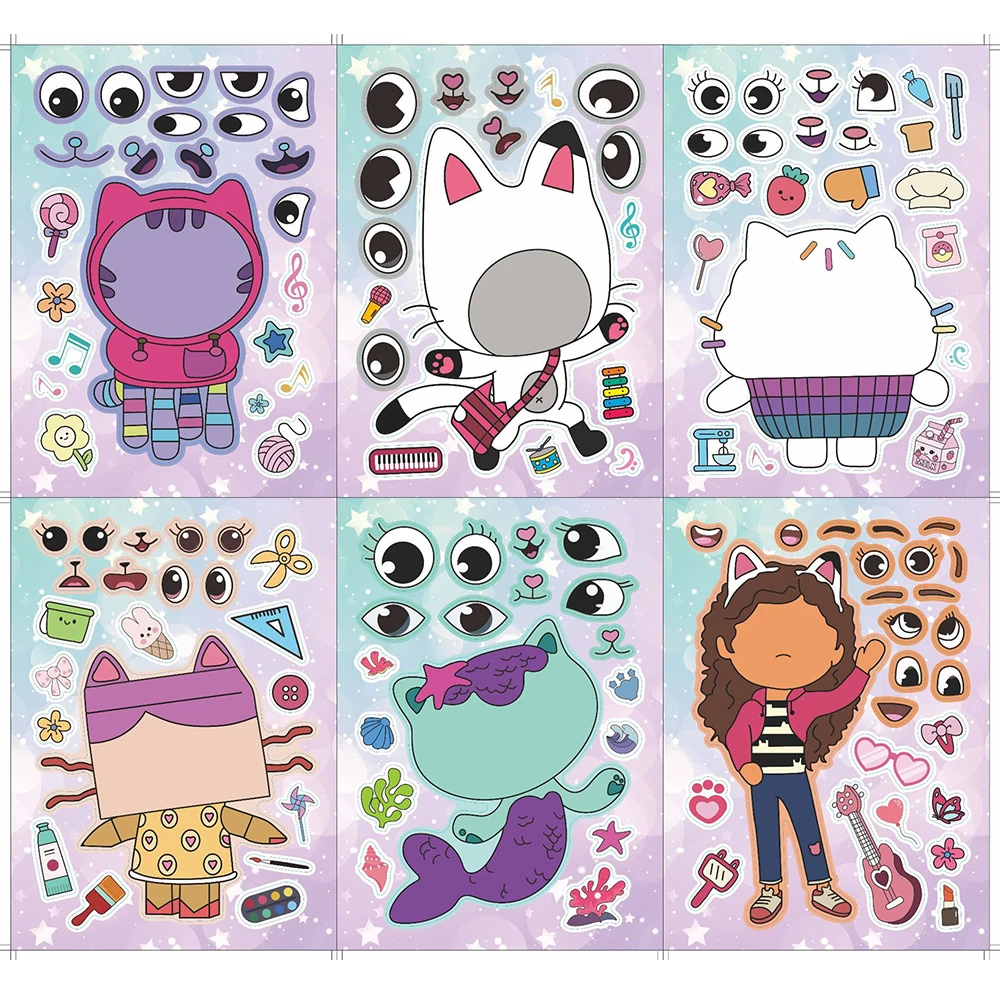 6/12 Blätter Gabby Der Puppenhaus Machen Ein Gesicht Puzzle Aufkleber Kinder Machen Ihre Eigenen Diy Spiel Kinder Cartoon Jigsaw Bildung Spielzeug Ges