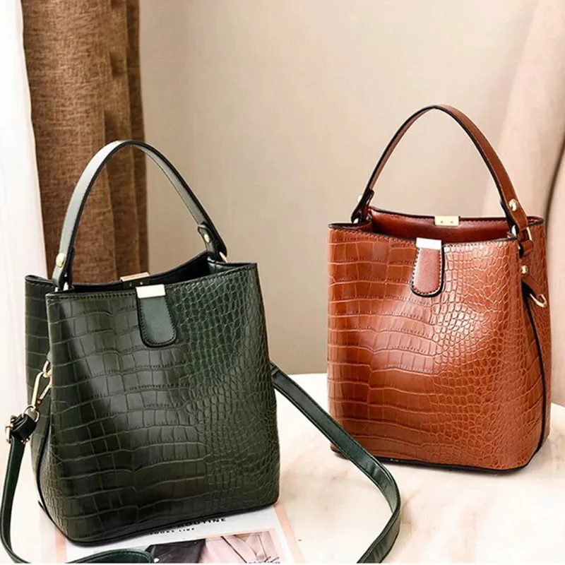 

Retro Alligator Women Shouder Bucket Bags Luxury Leather Tote Femal Crocodile Pattern Bucket Bag Ladies Large Handbags for Women