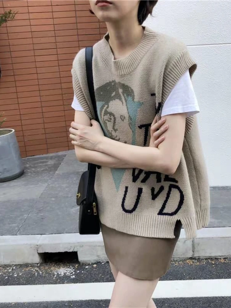 

Vintage Knitted Vest Casual Loose O Neck Sleeveless Spring Autumn Sweaters Letter Graphic Jacquard Forked All Match Jumpers Tops