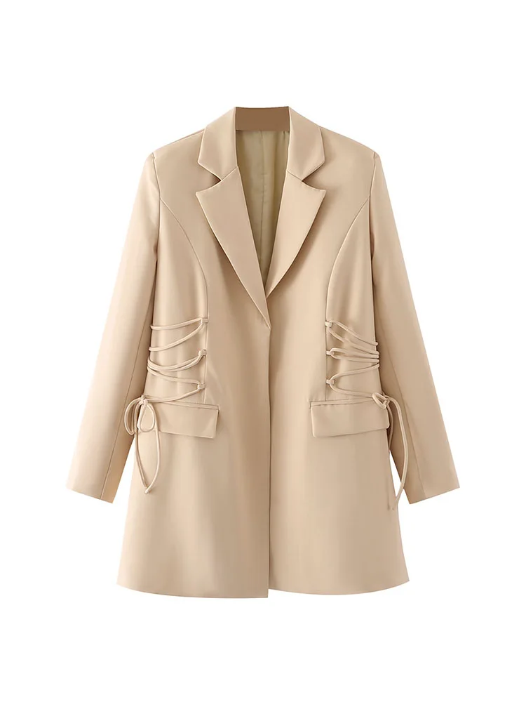 

DYLQFS Women Elegant Khaki Drawstring Buttonless Blazer 2022 New Spring Autumn Fashion Mid Length Slim Coat Ladies Casual Jacket