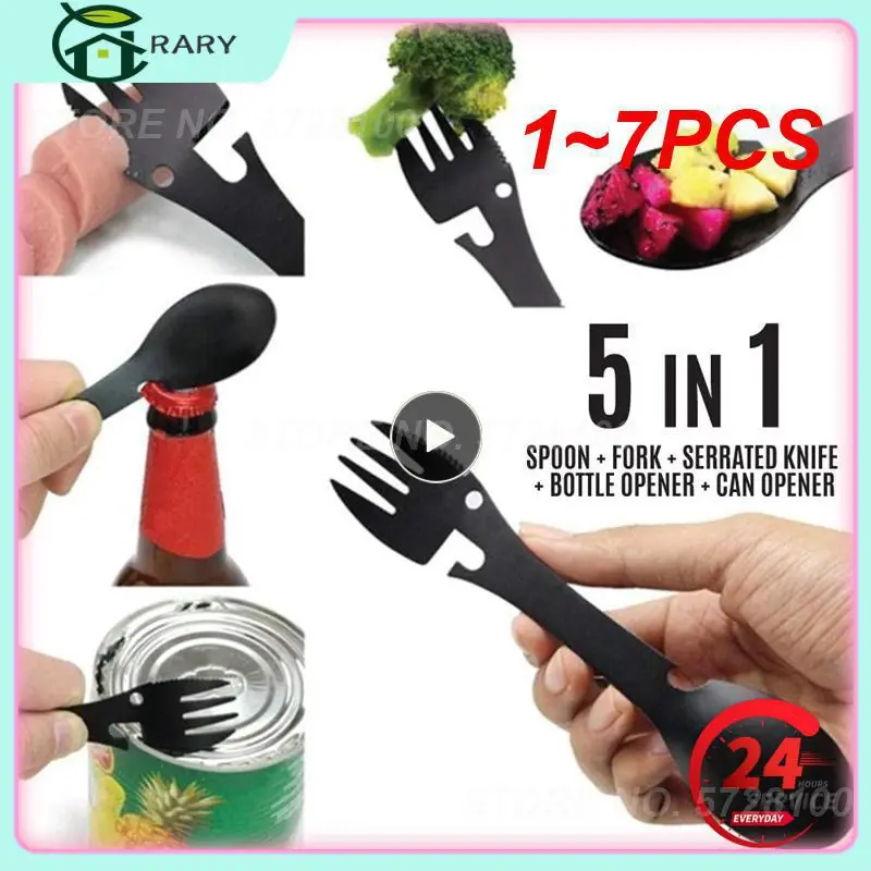 

1~7PCS Stainless steel multi tool bottle can opener spoon cutlery multitool utensil fork tableware camp Picnic flatware Portable