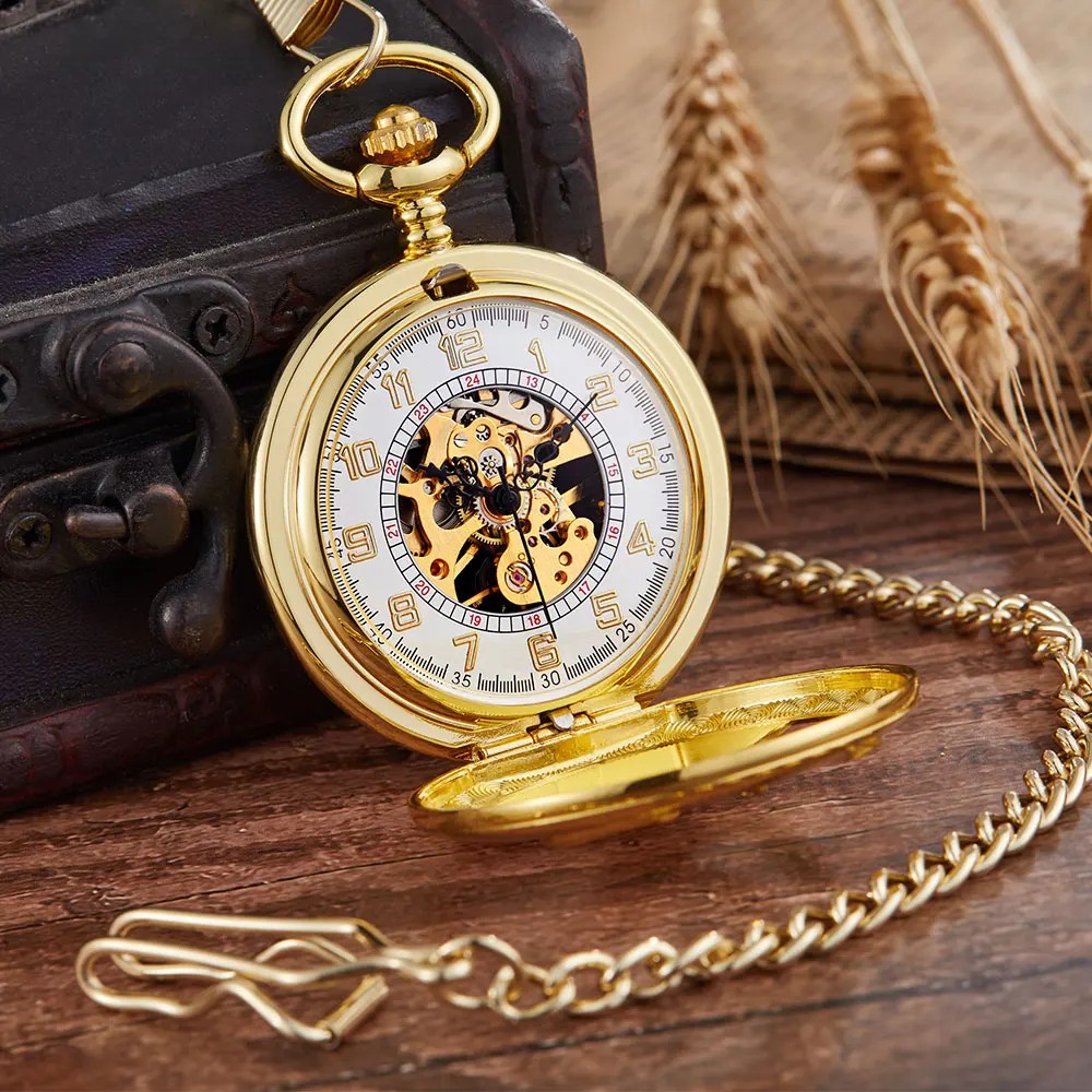 Golden Hollow Golden Goat Design Mechanical Pocket Watch Zodiac Steampunk Hand Winding Fob Unisex Watch Chain Necklace Pendent