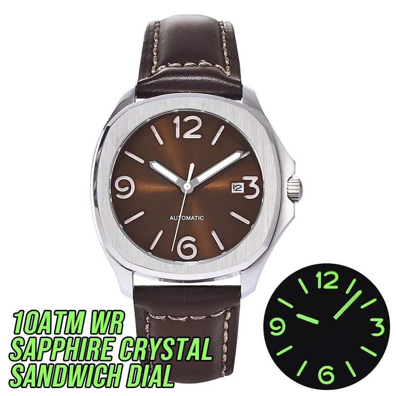 

NEW High quality PHYLIDA 40mm Brown Sandwich Dial Mens Watch Custom Wristwatch Miyota Automatic Sapphire Crystal Leather Strap