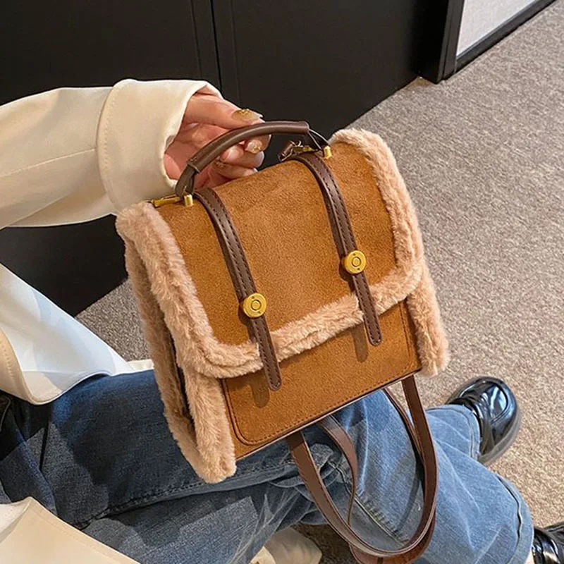 

New Fashion Women Lady Suede Fleecy Design College Satchel Handbag Tote Knapsack Shoulder Bag Woman Purse Packsack Backpacks Bag