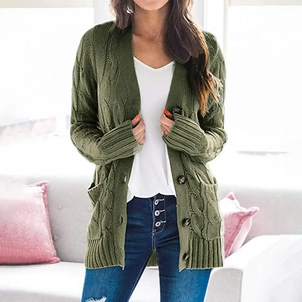 

Women Sweater Cardigan Autumn Open Front Knitted Jacket Sweater Button Pockets Outwear Coat Female Clothing Streetwear