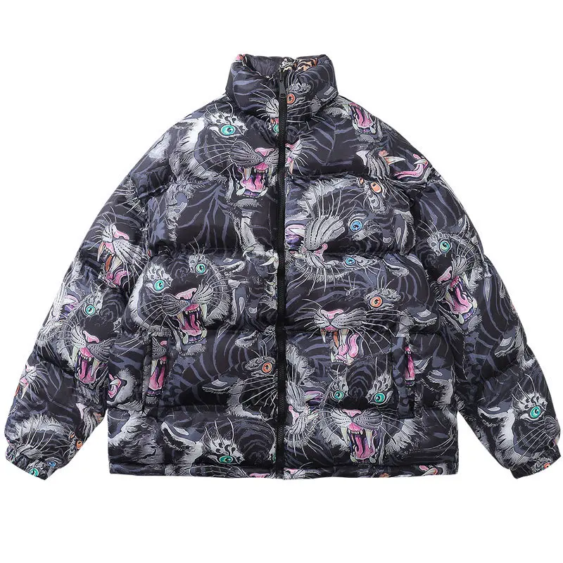 

Men Winter Thick Warm Jacket Parka Streetwear 2022 Tiger Print Reversible Coats Hip Hop Harajuku Fashon Casual Oversized Outdoor