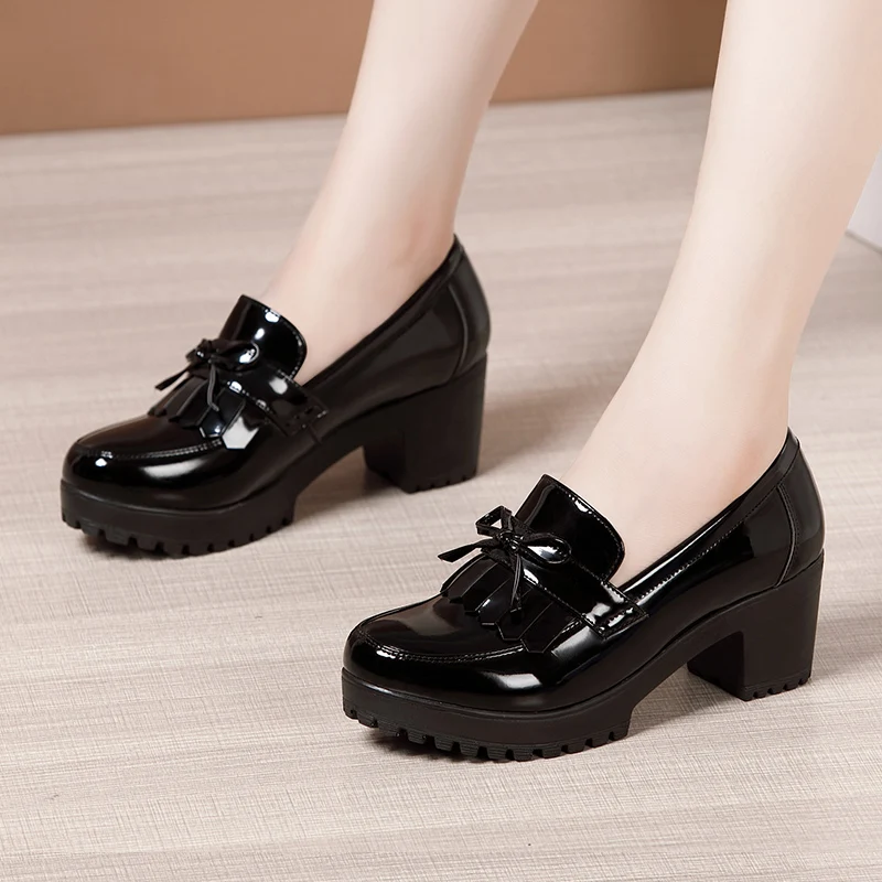 

Comemore Female Pumps Spring Slip on Tassels Medium Heels Oxford Women Shoes Woman Party Patent Leather Footwear Plus Size 43 33