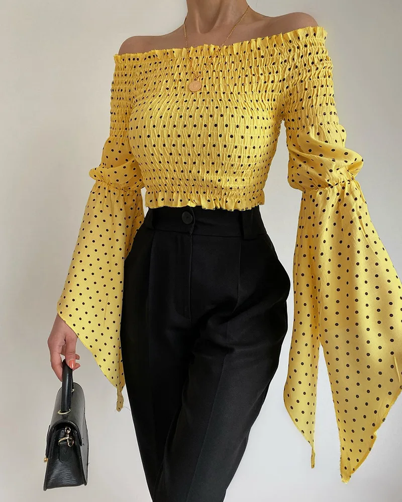 

Polka Dot Print Bell Sleeve Shirred Off Shoulder Top Slash Neck Strapless Sexy Summer Spring Fashion Casual Women Blouse Tops