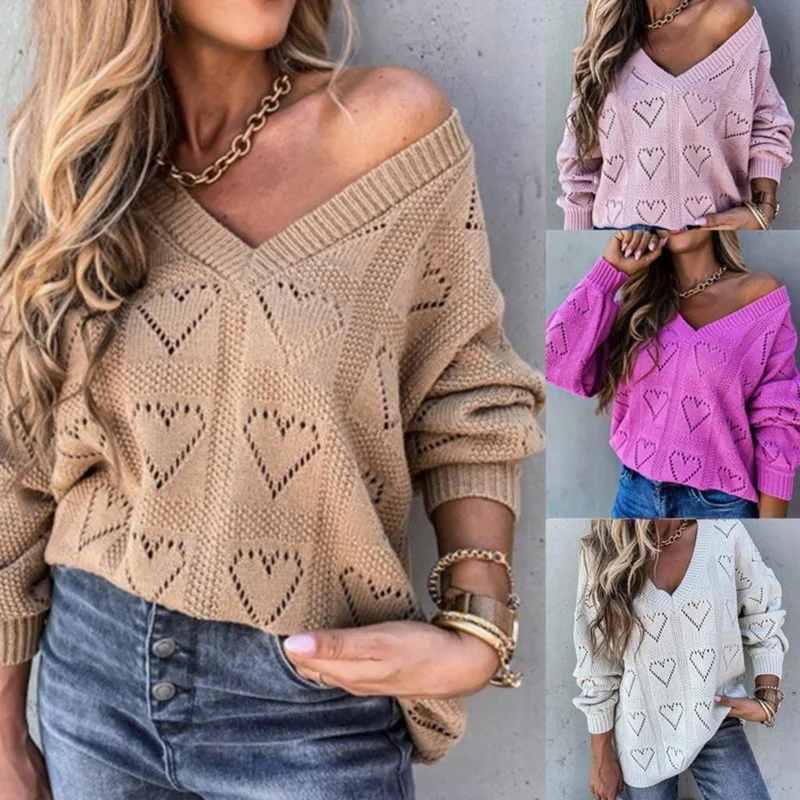 

Women Autumn Winter Love Heart Hollow Crochet Sweater Loose Knitwear Women's Clothing кофта женская jersey mujer 2020