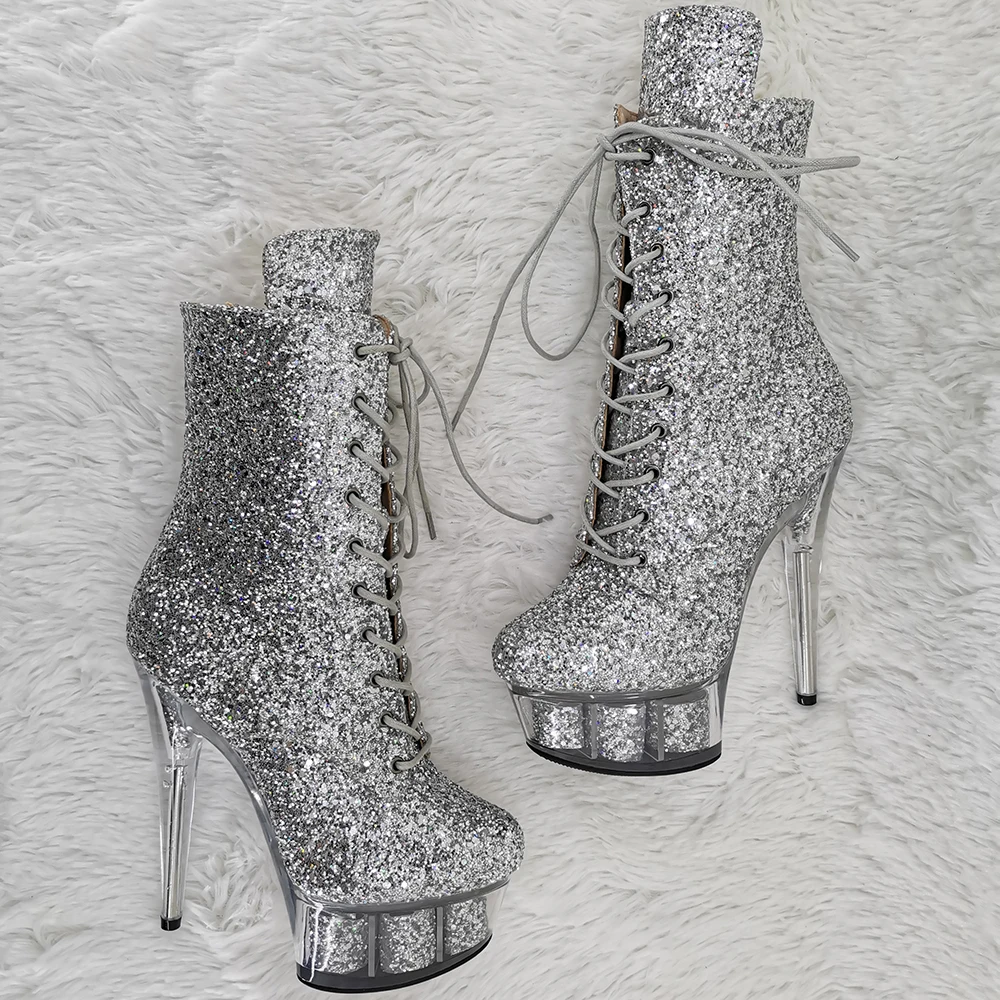 Leecabe 15CM/6Inches Clear platform with glitter upper High Heel platform Boots Closed toe  Pole Dance boot