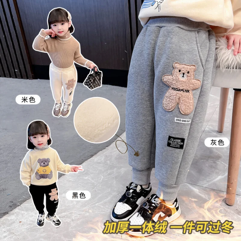 

Children's Warm Pencil Pants Plus Thickened Velvet Corduroy Cartoon Trousers 2022 Winter Velvet Outwear Acetate Pants 1-7 Years