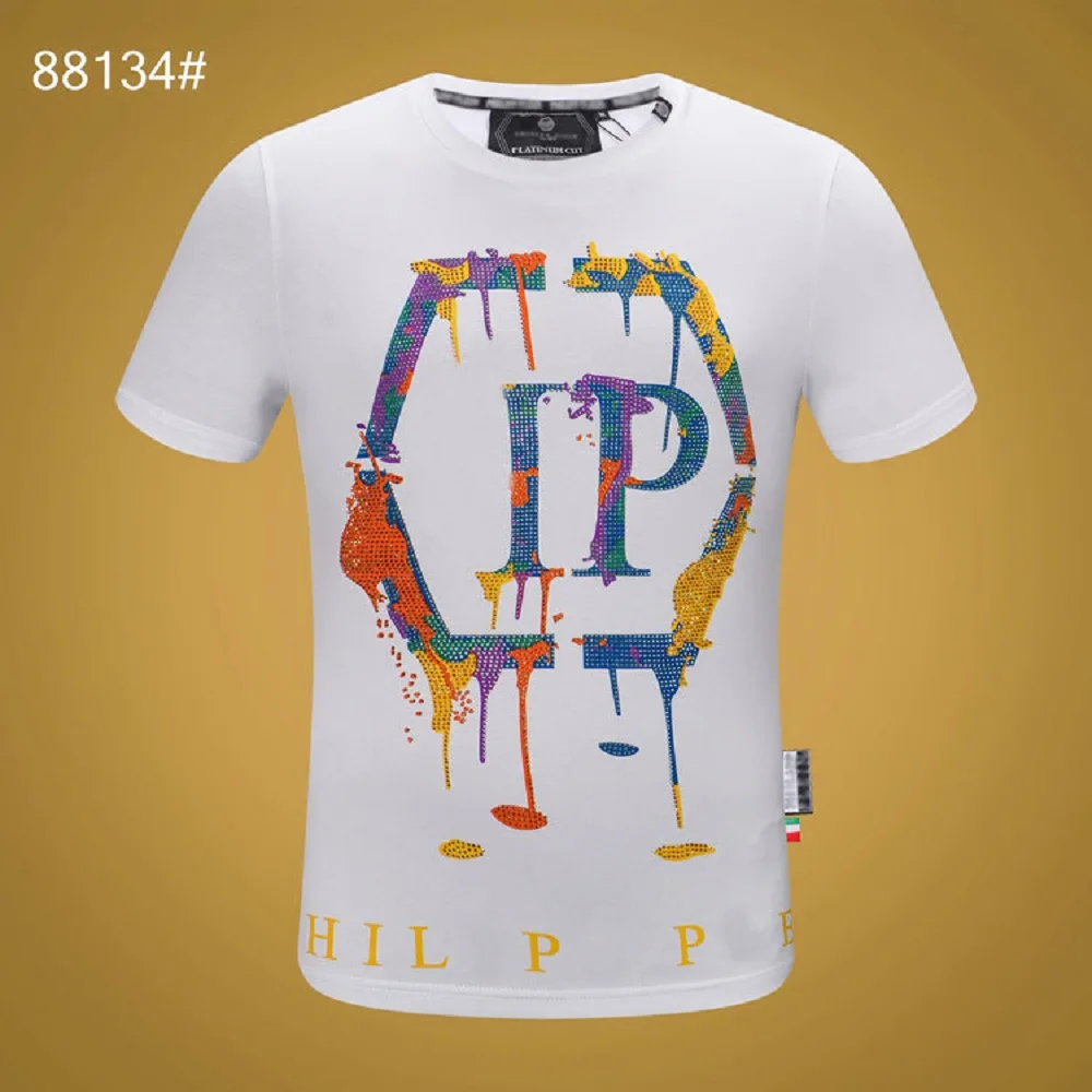 

Fashion brand Plein short sleeve men's round neck T aggressive personality Blue cool Bear PP hot drill fashion men's short T