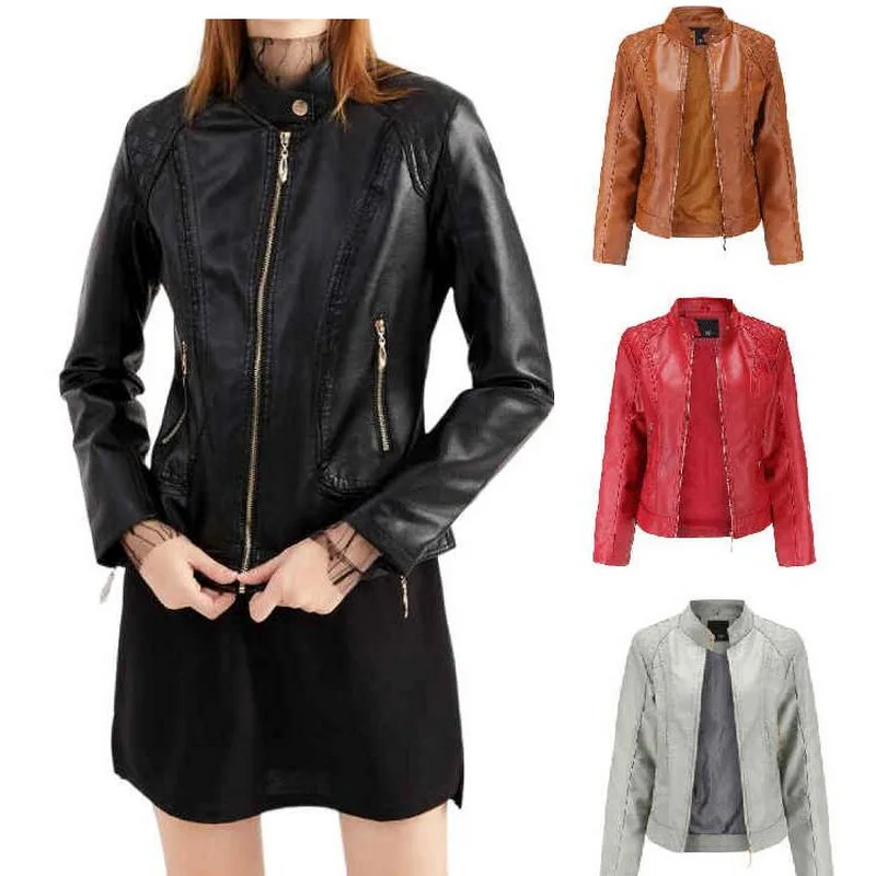 Women Leather Jacket Female Zipper Stitching Rivet Stand Collar PU Leather Outerwear Leather Outwear Fall Jacket