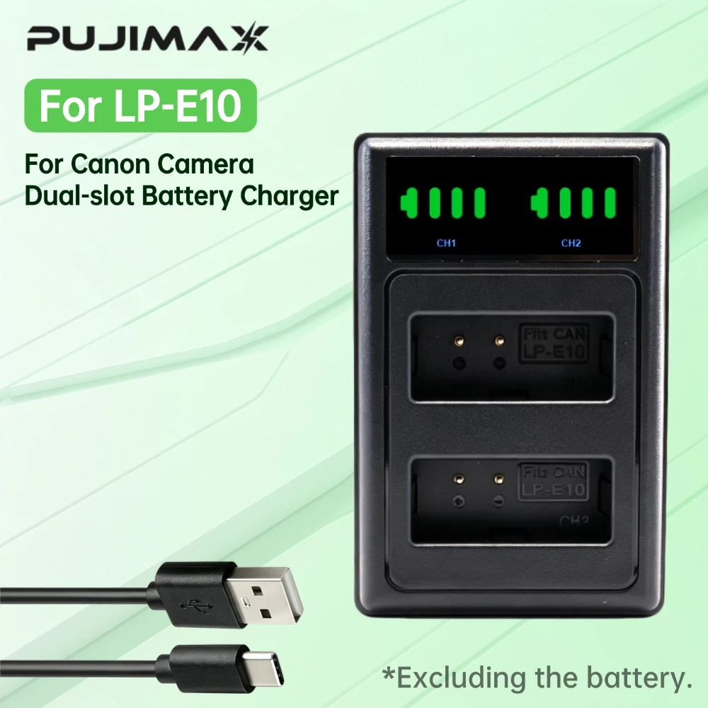 Фото Зарядное устройство PUJIMAX LP-E10 с двумя слотами и LED-индикатором заряда для Canon EOS 1100D 1200D 2/3/4000D KISS X50 X70 X80 Rebel T3 T5 T6 №1