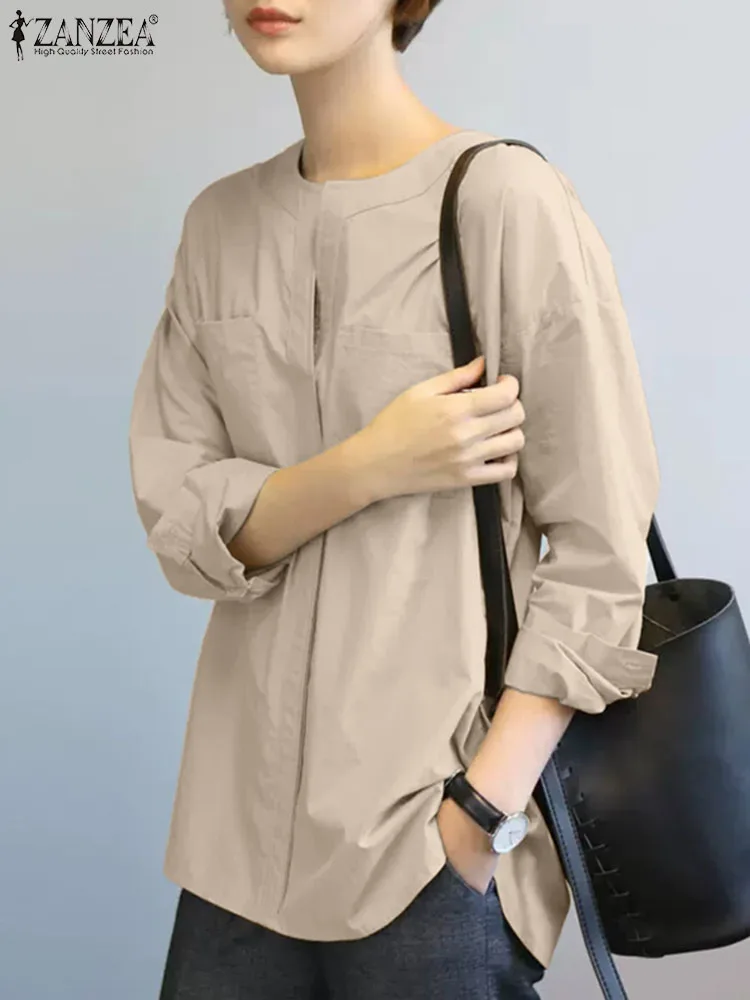 

Осенние однотонные топы ZANZEA, элегантная женская блузка с длинным рукавом и V-образным вырезом, женские модные элегантные винтажные свободны...