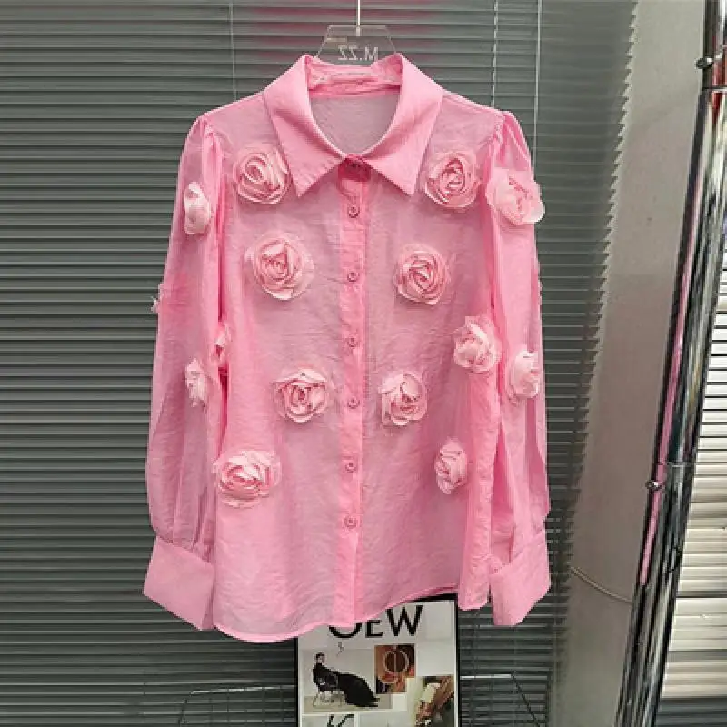 

High Quality 3D Rose Flower Sunscreen Long-Sleeved Lantern Sleeve Pink Shirt Female Sweet Lapel Spring New Luxury Blouses 2023