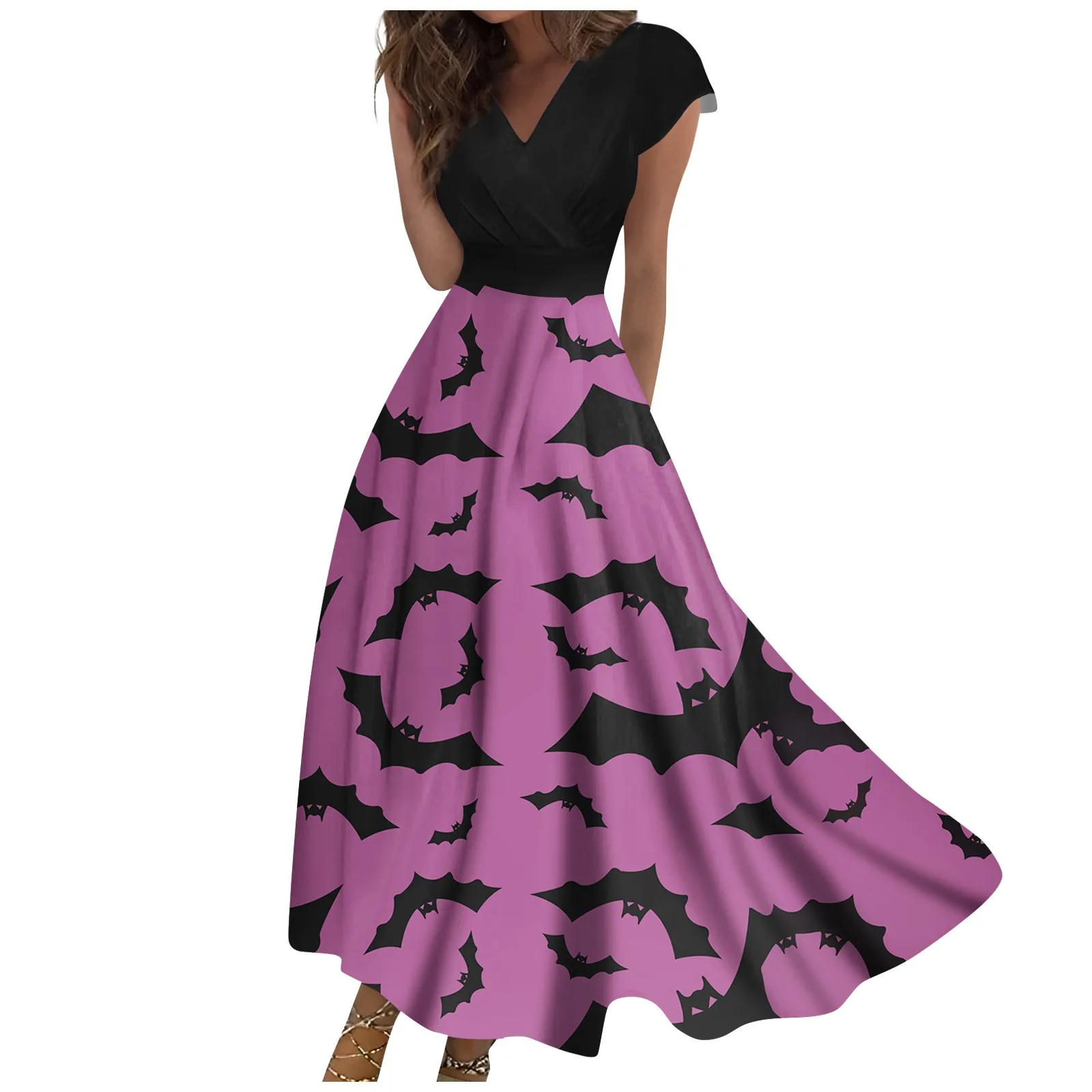 

Женское длинное платье, Повседневное платье макси, Повседневное платье с коротким рукавом и V-образным вырезом, платье в стиле бохо на талии с принтом на Хэллоуин, женская одежда