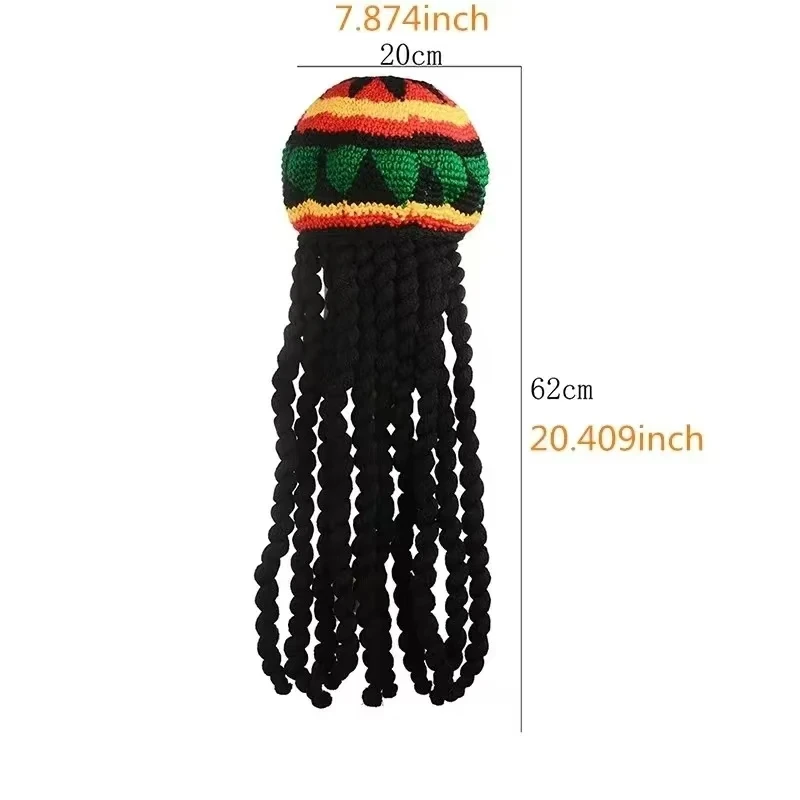 New Unisex Knitted Braid Hat Jamaican Bob Rasta Beanie Hats Hip Hop Cap Dreadlocks Wig Marley Caribbean Fancy Dress