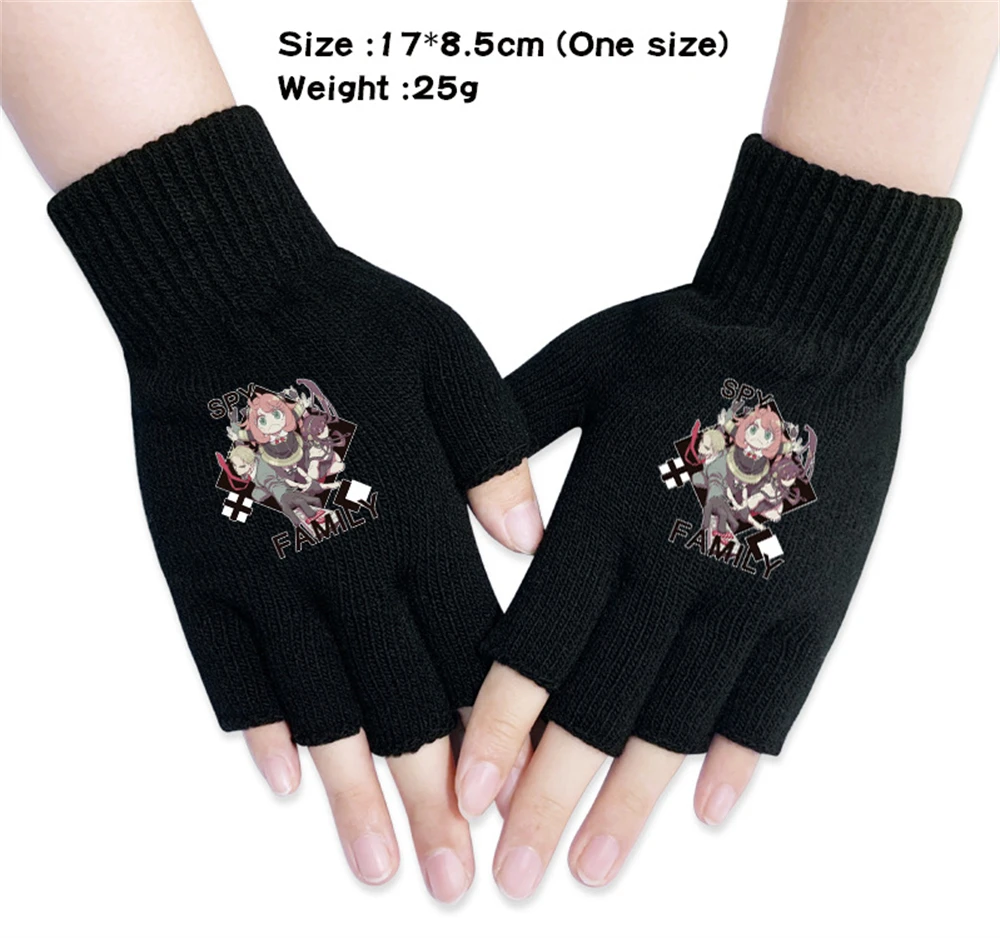 

Anime SPY×FAMILY Knitted Half Finger Cartoon Printing Gloves Boys Girls Autumn Winter Warm Black Fashion Mittens Gifts Otaku