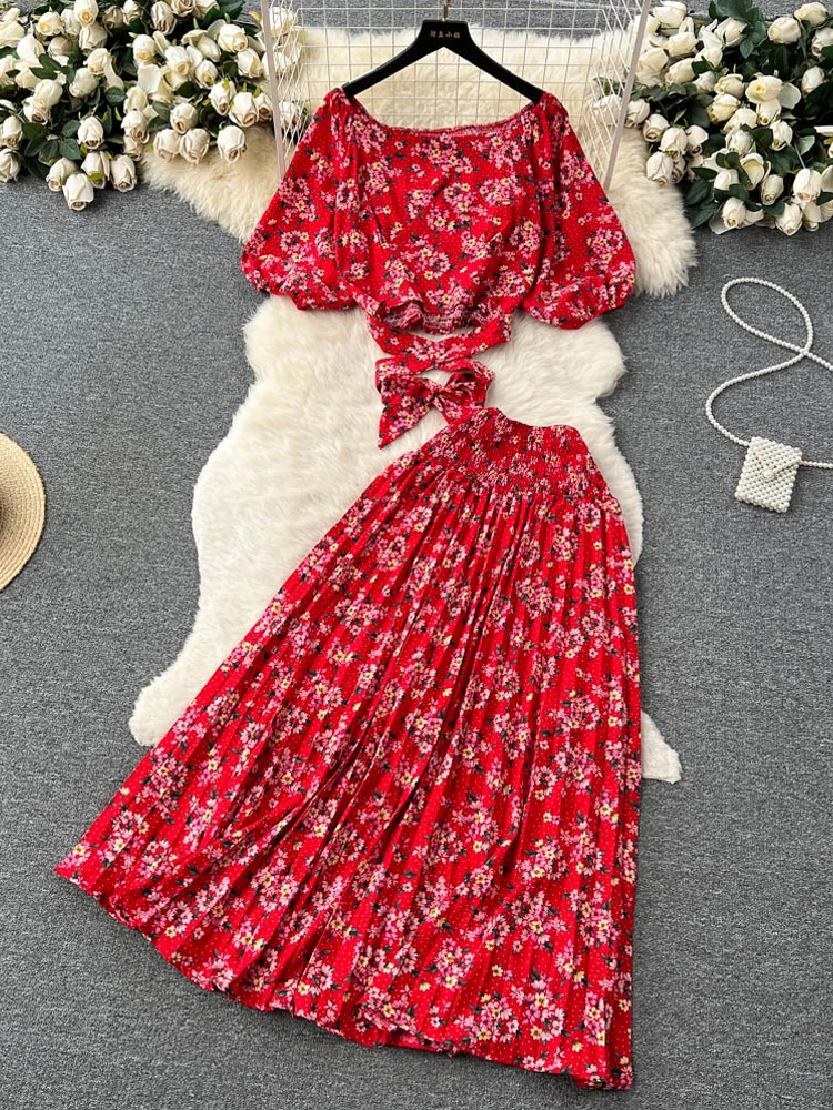 

YuooMuoo Women Dress Set 2023 Summer Fashion Y2K Floral Print Bandage Tops + High Waist Long Pleated Skirts Lady Outfits Vestido