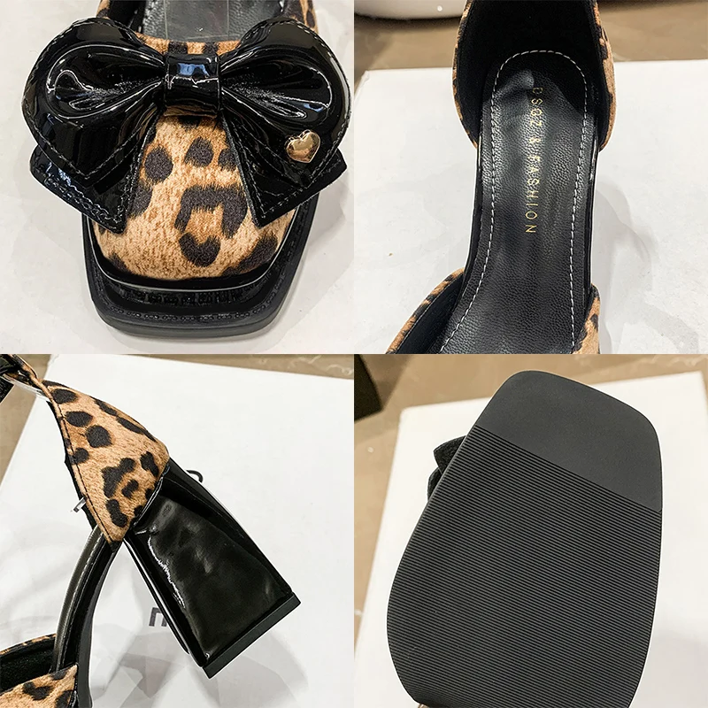 Leopard High Heels Women Shoes Bow Sandals 2023 Autumn New Fashion Trend Brand Chunky Sexy Pumps Lolita Mary Janes Shoes Zapatos