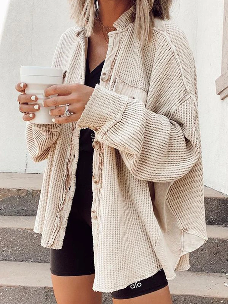 

Однотонные осенние куртки для женщин, 2022, модные, с вафельным плетением, полосатые рубашки, пальто с отворотом, уличная, однобортная, зимняя куртка для женщин