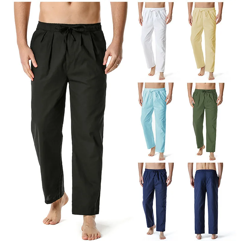 

2022 Summer New 97% Cotton large size Men's Trousers solid color Casual Pants Yoga Pants Home belted Men's Sports Pants S-3XL