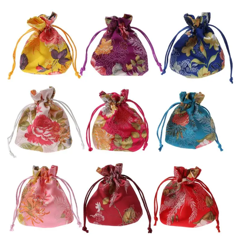 

Silk Brocade Jewelry Pouch Drawstring Gift Bags Coin Purse Embroidered Candy Chocolate Bag for Wedding Party Favors