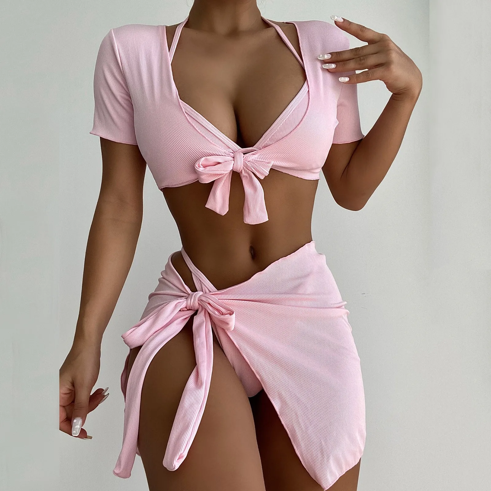 Женский комплект бикини из 3 предметов розовый купальник с топом и бантом спереди